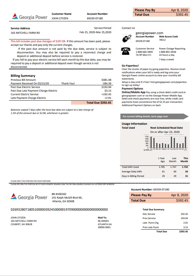 USA Georgia Power utility new brand bill template in Word and PDF format, fully editable